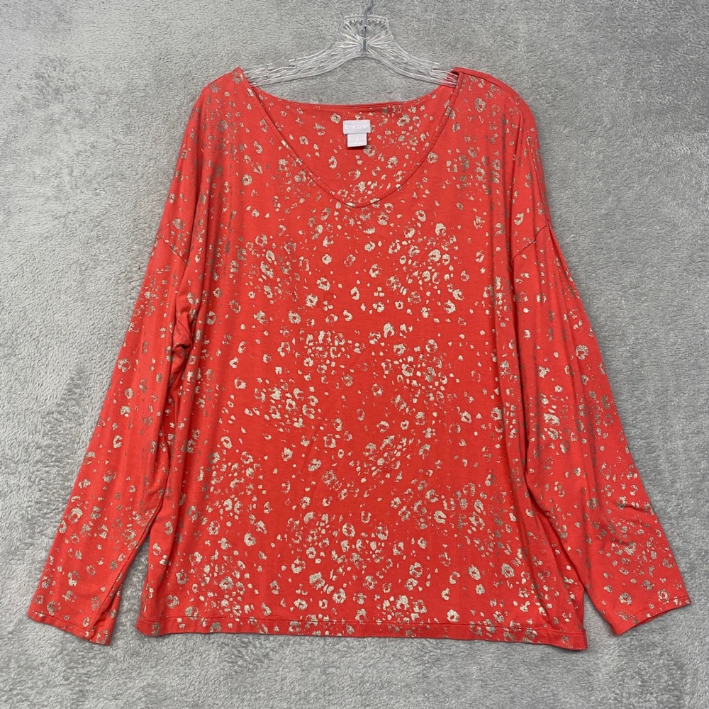 Chicos‎ Top Womens XL Orange V Neck Long Sleeve Top Coral Leopard Print Size 3